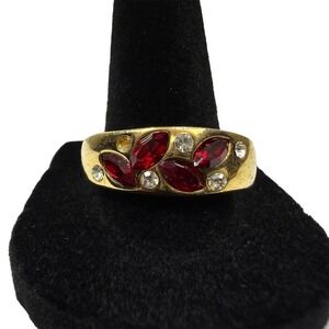 SETA Gold Tone Red Marquise & Clear Rhinestone Fashion Ring Jewelry Size 9.5